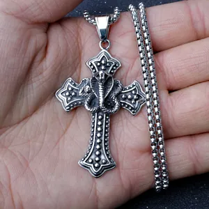 Vintage gothic titanium steel cross necklace with cobra pendant on square pearl chain