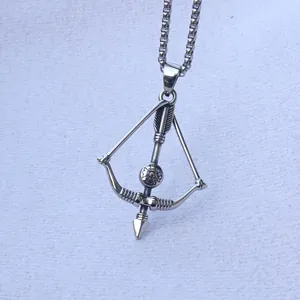 Vintage silver archery bow and arrow pendant necklace on a durable box chain