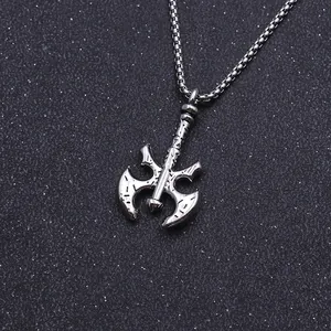 Vintage stainless steel double-edged battle axe pendant with square box chain necklace