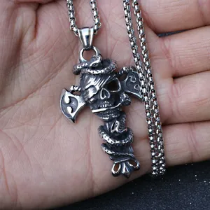 Gothic Punk Stainless Steel Chain Alloy Pendant Necklace Vintage Skull Snake Cross Axe Men Women Jewelry Retro Dark Style
