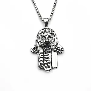 Retro Stainless Steel Alloy Tiger Hamsa Hand Pendant Necklace For Men Women Punk Viking Snake Anchor Jewelry