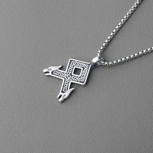 Viking snake skull pendant in silver finish on stainless steel box chain for men