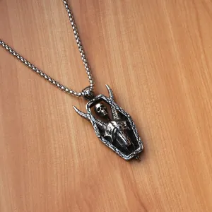 Gothic stainless steel coffin pendant with ram skull and skeleton detail for men
