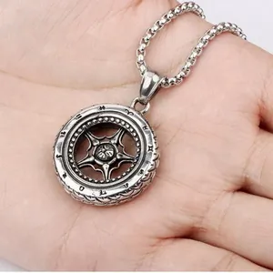 Vintage silver wheel pendant necklace in titanium steel with engraved symbols on palm