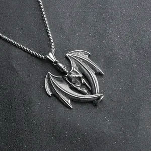 Punk winged skull pendant in antique silver finish with stainless steel box chain