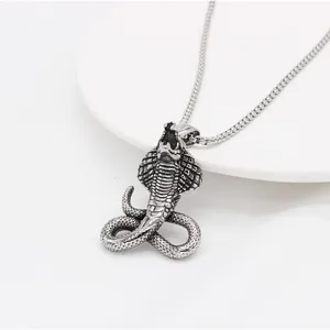 Macro detail of antique silver cobra pendant necklace showing realistic snake scale texture