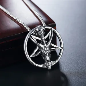 Vintage stainless steel Baphomet pendant necklace with goat head in pentagram circle