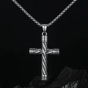 Men's retro stainless steel twisted cross pendant necklace with box chain over black stones