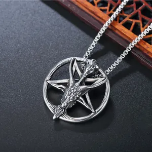 Retro punk stainless steel necklace featuring a gothic Baphomet goat head pendant
