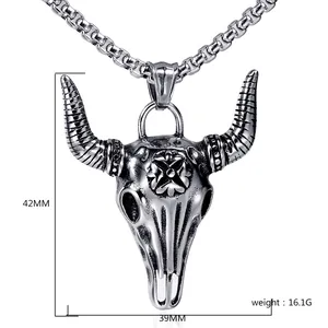 Vintage punk bull skull necklace with engraved detail, dimensions 42mm by 39mm