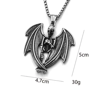 Gothic skull winged pendant necklace in vintage stainless steel with chain, 5cm height