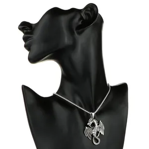 Retro titanium steel dragon pendant necklace for men with gothic punk wing details