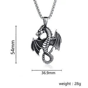 Vintage titanium steel dragon pendant necklace with 54mm height in punk hip hop style