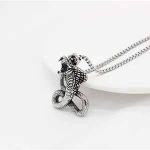 Stainless steel king cobra snake pendant necklace for men with box chain in silver finish
