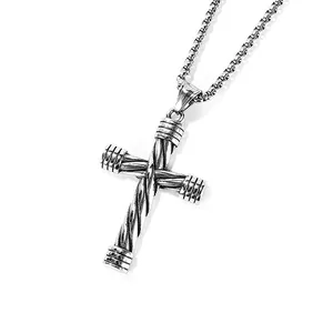 Vintage stainless steel cross pendant necklace with textured detail and box chain