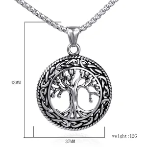 Collana con pendente Albero della Vita in acciaio inossidabile e bordo celtico argento