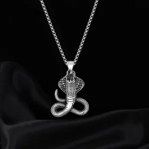 Mens stainless steel cobra snake pendant necklace with silver bead chain on black silk
