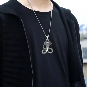 Vintage silver cobra snake head pendant necklace for men in stainless steel finish