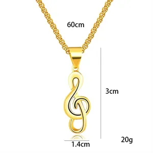 Collier pendentif note de musique dorée pour hommes avec mesures de taille détaillées