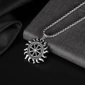 Silver Kolovrat sun wheel pendant on a stainless steel box chain necklace