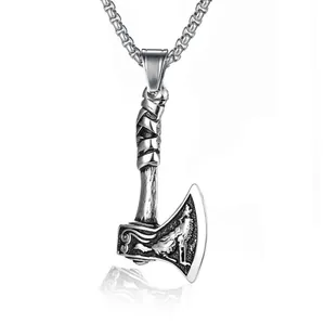 Vintage Viking Axe Wolf Head Pendant Necklace Alloy Shield Totem Necklace With Stainless Steel Square Pearl Chain Punk Gothic Jewelry For Men Women