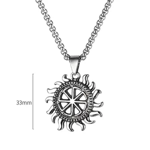 Vintage roestvrijstalen zonnehanger ketting met Kolovrat symbool, 33 mm diameter maat