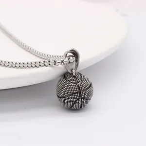 Retro stainless steel basketball pendant necklace with realistic texture on box chain