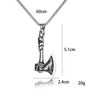 Vintage stainless steel viking axe necklace with wolf relief and 60cm dragon bone chain