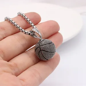 Vintage basketball pendant necklace in silver finish with box chain for sports style