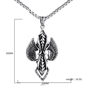 Gothic stainless steel wing cross necklace dimensions: 56mm height and 33mm width