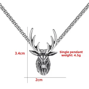 Vintage stainless steel stag deer head pendant necklace with 4.5g weight and 3.4cm height