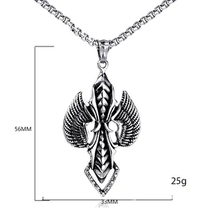 Gothic stainless steel warrior shield and wing pendant necklace dimensions 56x33mm