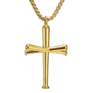 Gouden roestvrijstalen herenketting met honkbalknuppel kruis hanger en box ketting