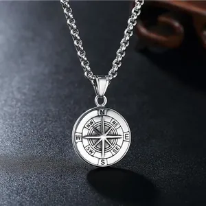 Collier pour hommes avec pendentif boussole vintage en acier inoxydable et gravure nautique