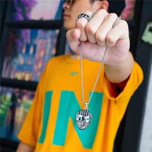 Men's retro punk skull mask pendant necklace and chain ring set in silver titanium steel