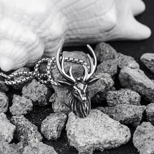 Vintage stag head pendant necklace in stainless steel with a sturdy square chain for men