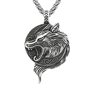 Vintage Viking wolf head pendant necklace in stainless steel with Celtic knot details
