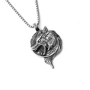 Detailed close-up of a vintage stainless steel wolf head pendant with dragon scale chain