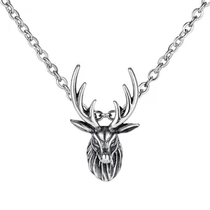 Vintage stag head pendant necklace with antlers on a silver O-chain for hip-hop style