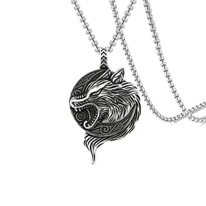 Vintage silver Viking wolf head pendant with dragon scale chain made of stainless steel