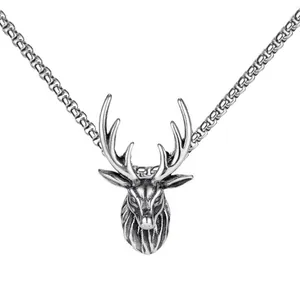 Retro hiphop elk head pendant necklace in antique silver with box chain for couples