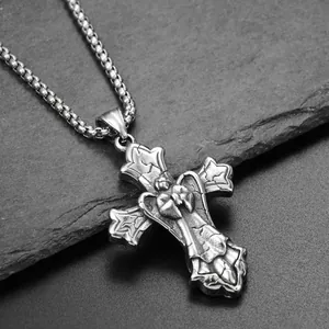 Collier pendentif croix vintage en acier titane avec ange texture pierre pour homme