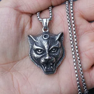 Mens hip hop leopard head necklace in silver stainless steel with box chain pendant