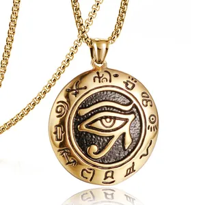 Golden stainless steel Eye of Horus pendant necklace with Egyptian runes on box chain