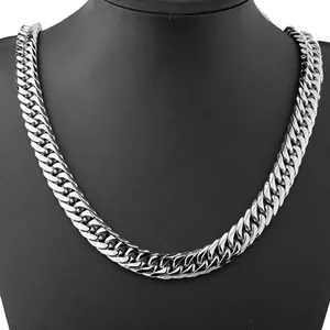 Polished silver stainless steel cuban link necklace shown on a black portrait neck model