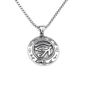 Vintage Eye of Horus pendant necklace in stainless steel with Egyptian hieroglyphs