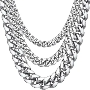 Titanium steel Cuban link necklace for men in multiple thicknesses on white background