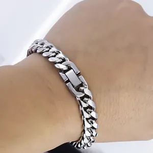 Polished silver stainless steel Cuban link bracelet for men with heavy industrial buckle