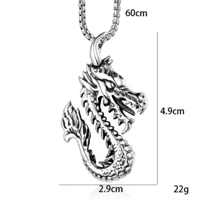 Vintage stainless steel dragon pendant necklace for men with 60cm chain and 4.9cm height