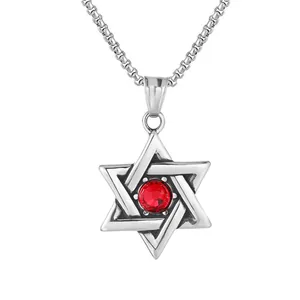 Polished stainless steel hexagram pendant necklace with a brilliant red zircon centerpiece